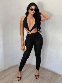 SHEIN SXY 女士纯色露背金属装饰镂空性感日常连体裤 - 黑色 - 查看 5