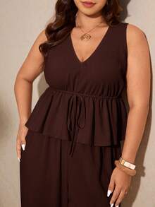 Elaquor Plus Size Casual Solid Color Tank Top And Pants 2 Pieces Set - Coffee Brown - View 7