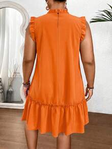 SHEIN Clasi Plus Size Stand Collar Ruffle Trim All-Over Allover Print Fashion Casual Dress Maxi Women Outfit - Orange - View 2