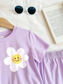 Young Girl 2pcs Set: Casual Round Neck Purple Printed T-Shirt Top And Leggings - Mauve Purple - View 3