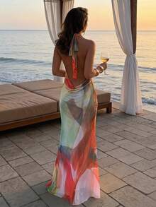 Aloruh Elegant Sexy Pastal Summer Casual Vacation Goddess Halter Backless Deep Draped Neck Floral Mesh Print Bodycon Maxi Dresses For Women Golf - Multicolor - View 11