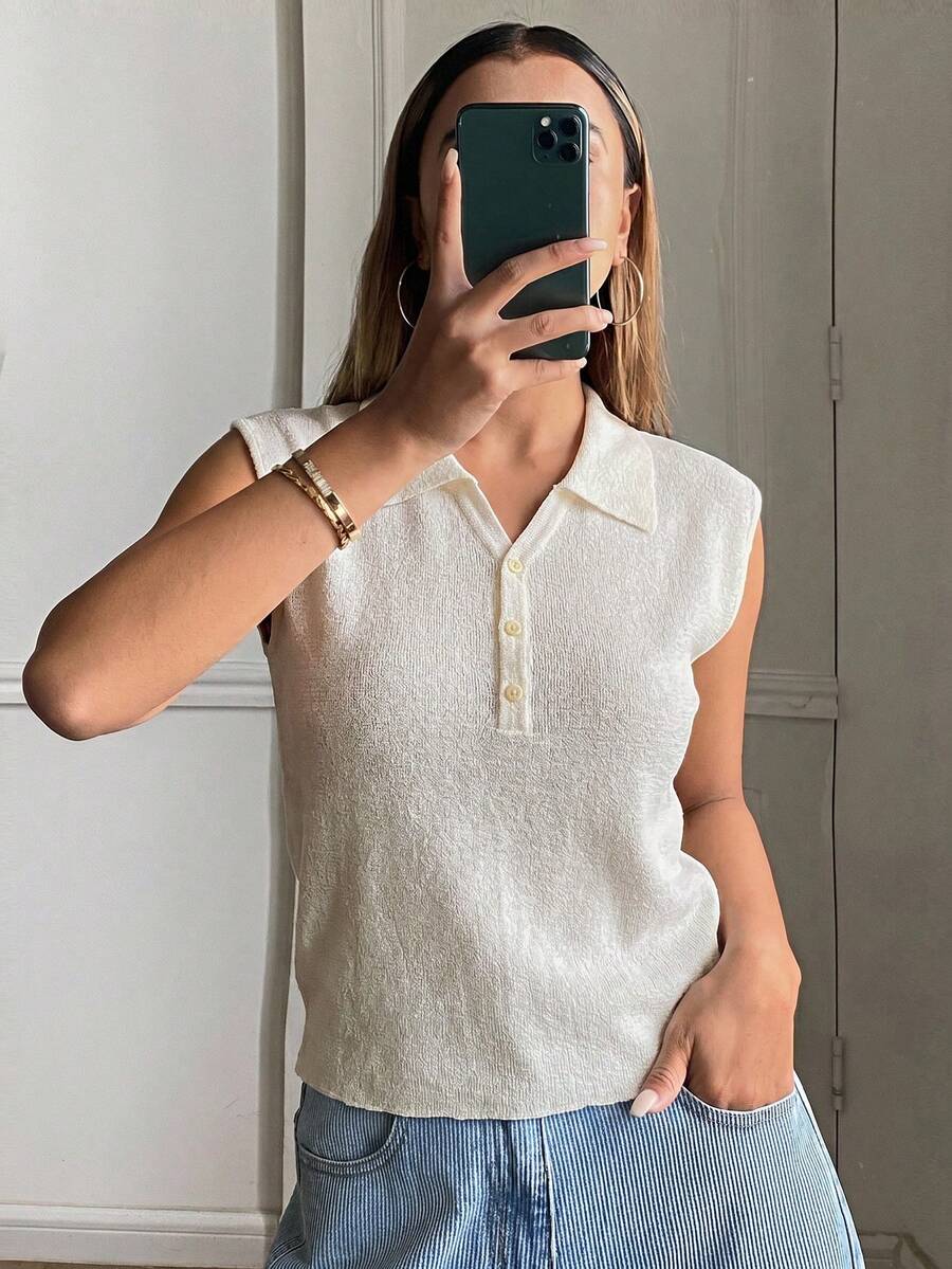 Livesso Áo polo tay ngắn dáng rộng, thoải mái, phù hợp cho mùa xuân hè, phong cách công sở, đi học, dự tiệc âm nhạc dành cho nữ. - Màu be - Xem 1