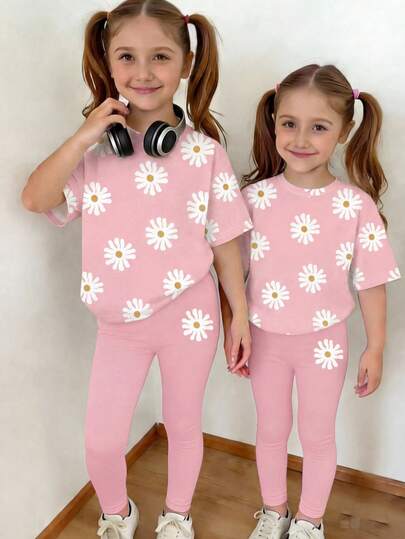 Bộ đồ thể thao thoải mái, thời trang dễ thương in hoa tay ngắn và quần legging cho bé gái, thích hợp mặc từ xuân sang hè.