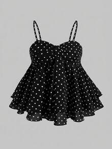 SHEIN Tween Girls' Casual Comfortable Polka Dot Camisole Top With Ruffle Hem - Black - View 4