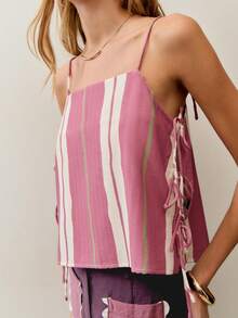 Nöista Strappy Bandeau Top With Vertical Stripes And Adjustable Side-Tie Ruching For A Customizable. Perfect For Summer Look, Holiday Outfit, Boho, Music Festival, Beachwear, Pool Party. - Rusty Rose - View 3