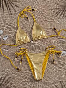 Swim SXY Bikini de dos piezas con parte superior de tela metálica brillante y Bottom con triángulo atado con cuentas, estilo sexy para vacaciones en la playa - Dorado - Ver 3
