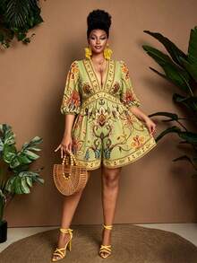 Maweii Plus Size Women's Floral Print V-Neck Puff Sleeve Waist Cinched Jumpsuit Fall - Multicolor - View 3