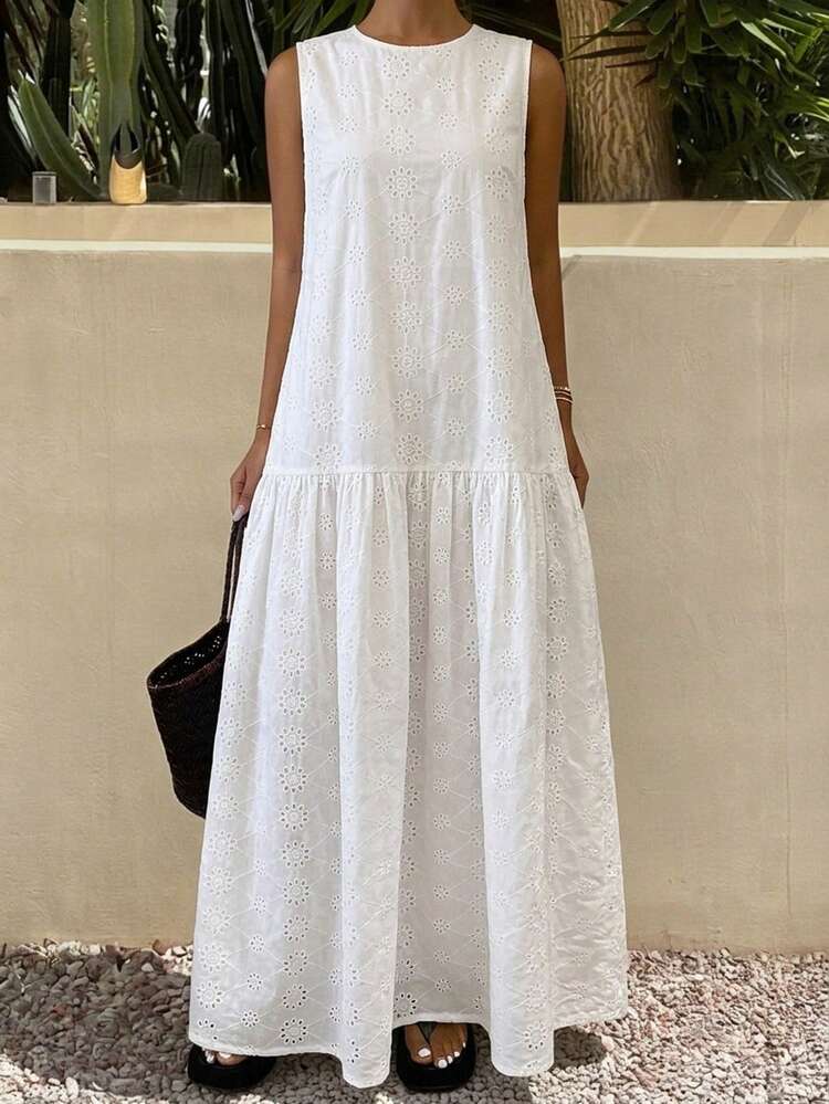 Women's Simple Solid Color Round Neck Sleeveless Dress, Summer Sun Dresses For Women