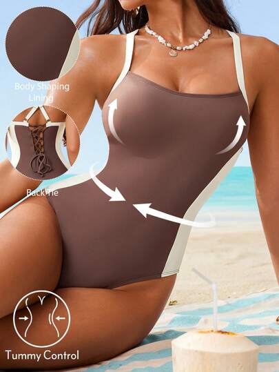 Shapewave Women's Colorblock One-Piece Swimsuit For Beach Vacation,2026 Spring/Summer New Women's Swimwear Beach Resort Collection: Elegant, Romantic, Sexy, And Sweet; Simple, Casual, And Versatile; Uniquely Designed New Styles; Women's Beachwear, Travel Wear, Vacation Wear, Everyday Sports Swimwear, Two-Piece Sets, Multi-Piece Sets, And Multiple Colors Available, Including Bow-Tie Bikinis, Removable Bra Pads, And Vibrant Holiday-Themed Colorful Prints. Perfect For Summer Outings, Beach Vacations, Island Getaways, Sunbathing, Road Trips, Cruise Ship Banquets, Afternoon Tea, Candlelight Dinners, Romantic Dates, Private Parties, Everyday Wear, Casual Style, And Even Music Festivals. The Must-Have Swimwear For A Cool Summer Beach Trip!