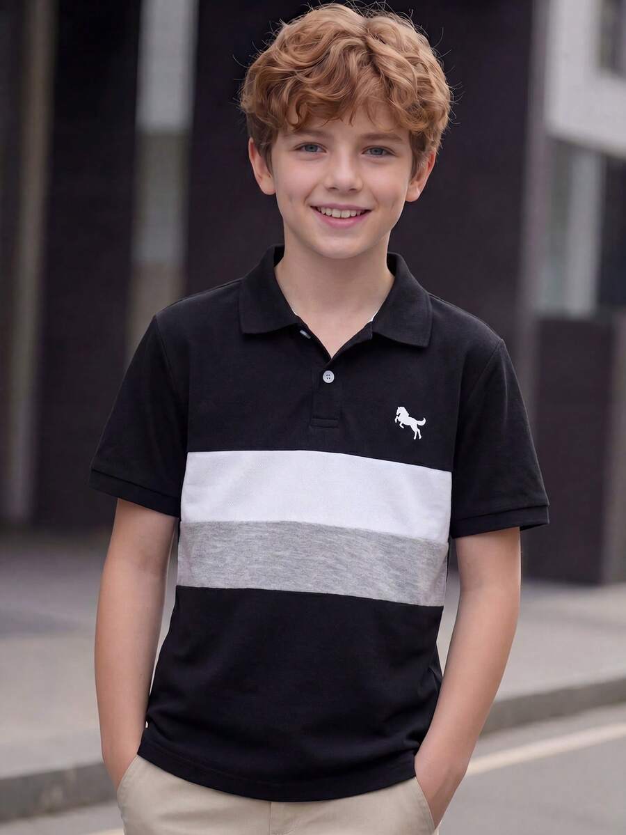 SHEIN Camisa polo casual de niño preadolescente con botones y media cartera de color contrastante - Negro - Ver 1
