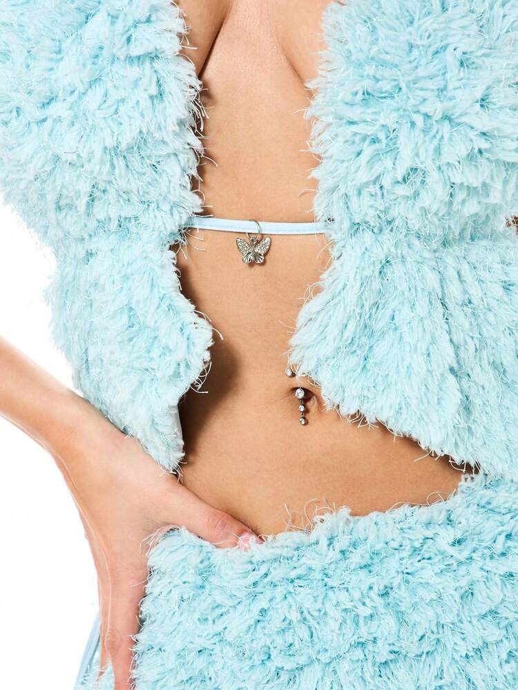 SUMWON WOMEN Fluffy Knit Halterneck Crop Top With Deep V Plunge Neckline And Tie Back Detail
