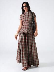 LYSMO Áo sơ mi nữ tay ngắn kẻ caro hai hàng cúc - Nhiều màu - Xem 5