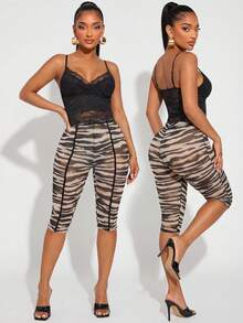 Radiana Stylish Women's Multicolor Tiger Print See Through Mesh Leggings High Waist Slim Fit Cropped Capris - Multicolor - View 3