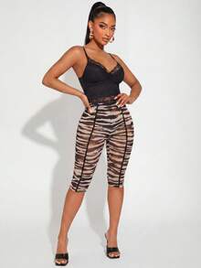 Radiana Stylish Women's Multicolor Tiger Print See Through Mesh Leggings High Waist Slim Fit Cropped Capris - Multicolor - View 6