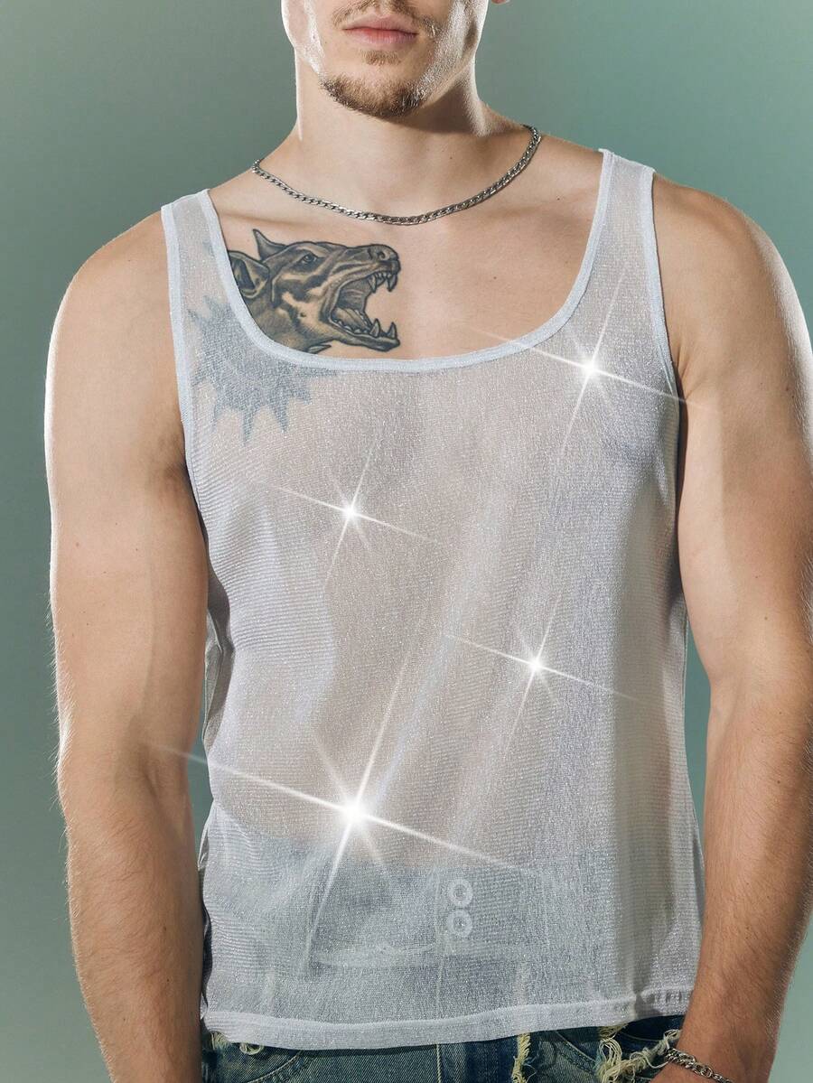 FeverCity Camiseta de tirantes escotada y transparente para hombre, ideal para el verano