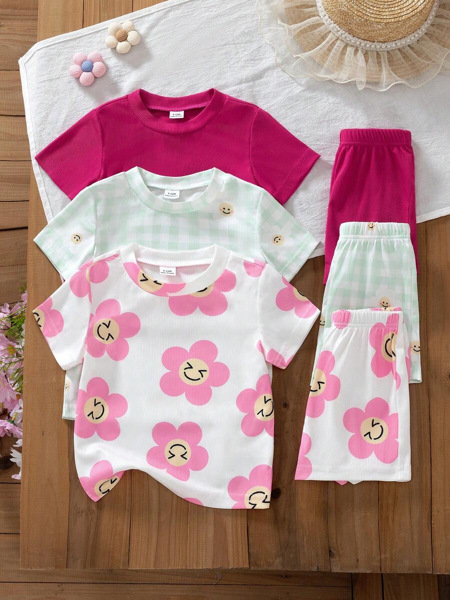 SHEIN 6pcs/Baby Girl's Summer Short-Sleeved Solid Color Knitted Ribbed Top And Shorts Set With Cute And Fun Cherry, Strawberry, And Lemon 3D Patch Decorations