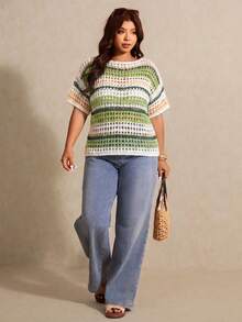 Elaquor Plus Size Colorblock Striped Hollow-Out Knit Sweater - Green - View 1