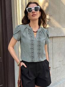 SHEIN Clasi Romantic Elegant Decorative Ribbon Notch Collar Blouse - Green - View 6