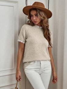 Louniche Áo len ngắn tay cổ tròn màu mơ thanh lịch, viền ren, thích hợp mặc đi làm, ở nhà và mặc hàng ngày, mùa xuân/hè. - Màu Khaki - Xem 6