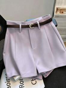 Franclia Celana Pendek Kasual untuk Komuter, Serbaguna, Pinggang Sedang-Tinggi, Dilengkapi Sabuk, Warna Polos Baru untuk Wanita, Cocok untuk Brunch, Warna Lavender - Purple - View 4
