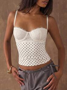 SHEIN BAE Women's Polka Dot Print Lace Patchwork Camisole Top - White - View 8