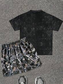 SHEIN 青少年男孩夏季休闲自由女神像印花T恤和迷彩印花短裤套装 - 彩色 - 查看 2