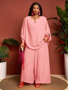 SHEIN CURVE+ Curve Size US22Music Festival, Seaside Vacation, Bohemia2pcs Casual Solid Color Lapel Long Sleeve Top And Pants Set, Women Western Style Outfit - Pink - View 6