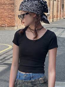 Dazy Kids Teen Girl Fitted Solid Color Short Sleeve T-Shirt Summer - Black - View 4
