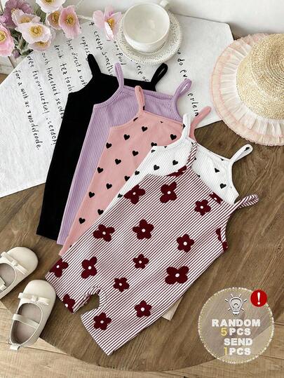 [Random 5pcs, Send 1pc] Vintage Sweet Black & White Striped, Mini Floral Print, Graffiti Floral, Girly, Chill Chill, Y2K, Kawaii, Baby Girl Casual Camisole Romper, Suitable For Spring/Summer Cute Summer Outfits Summer Kids Items, Summer Outing Items, Korean Style, Easy Comfort, Stylish Kids, Y2K, Kawaii, Party, Everyday, Vacation, Cute, Comfy, Summer 2026, Cottagecore, Weekend Casual, Family Outing, Photoshoot Outfits, Chill Chill, Baby & Kids Graphic Tops