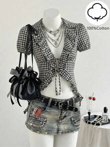 Elamini Y2K Casual Punk Ruffled Tie-Up Plaid Shirt For Women - Black and White - View 1