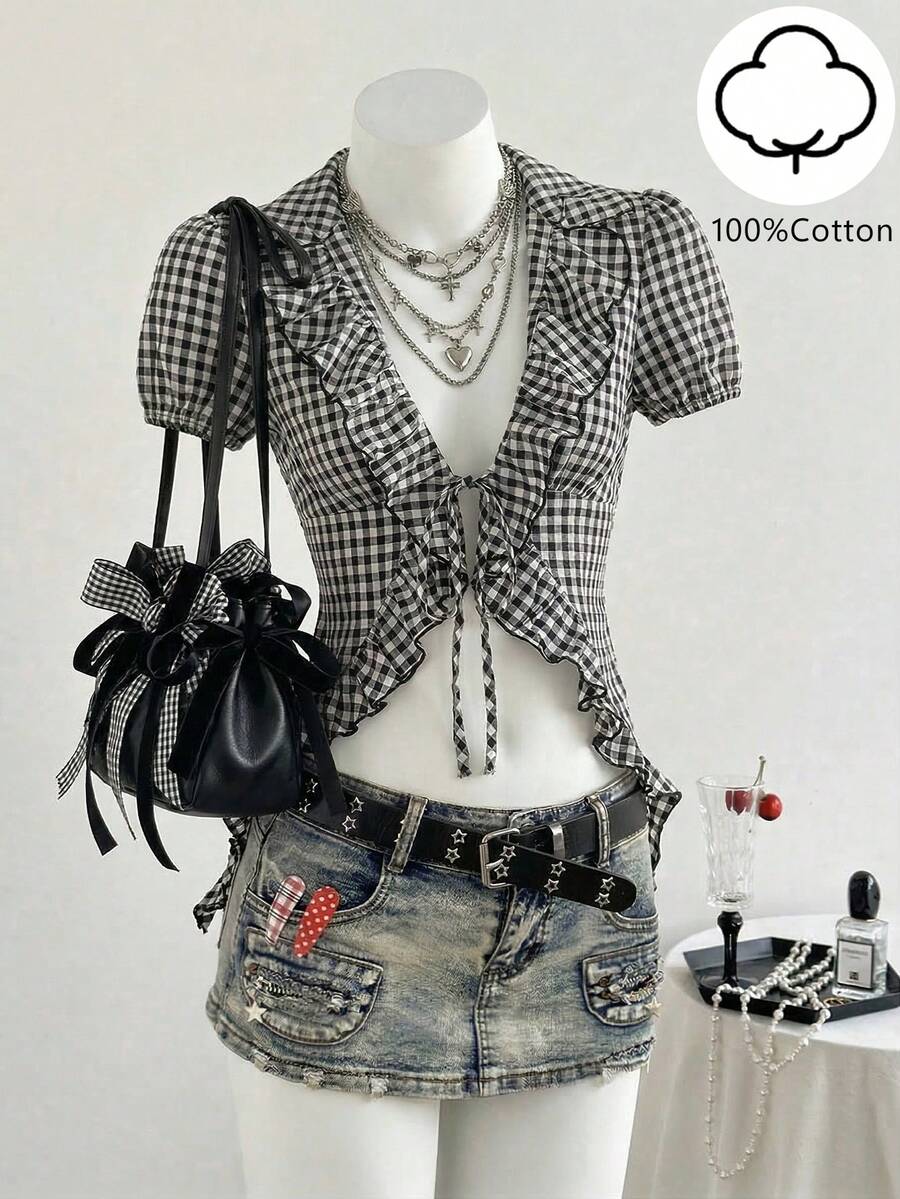 Elamini Y2K Casual Punk Ruffled Tie-Up Plaid Shirt For Women - Black and White - View 1