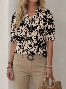 EMERY ROSE Women's Retro Contrast Floral Print Shirt, Suitable For Outings, Work Commute, Weddings, Parties, Holidays, Beach Vacations - Multicolor - View 3
