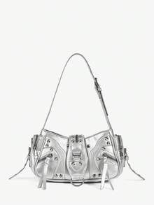 Viva Strut Ladies, Women Shoulder Bag, Hobo Bag, Fashionable, Personalized, Simple, Versatile, Street, Sweet And Cool Girls, Hot Girls, Y2k, Rivets, Biker Style, Punk, Teenagers, New Arrival Tote Bags For Woman , Goth - Bright silver - View 3