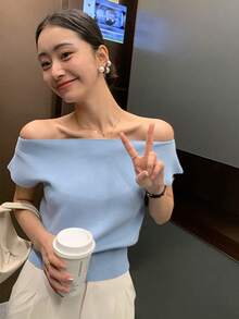 DAZY Áo dệt kim trễ vai tối giản màu trơn dành cho nữ, thích hợp mặc hàng ngày vào mùa hè. - Màu xanh lam - Xem 3