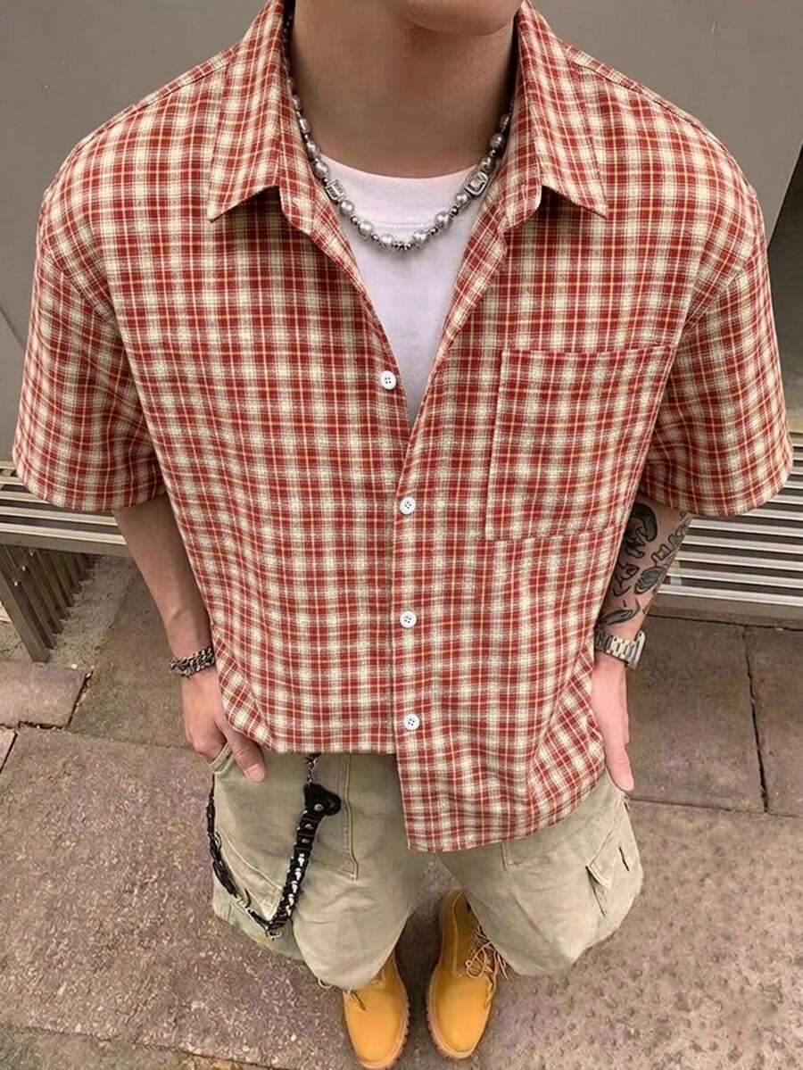 STEELVANCE 男士小格纹短袖衬衫,单口袋经典款,适合正式或休闲场合,如度假、用餐、办公、居家休闲等,百搭舒适面料,自穿或送礼皆宜。 - 彩色 - 查看 1