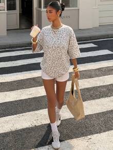 SHEIN Muchic Women's Leopard Print Round Neck Casual Loose T-Shirt - Multicolor - View 3