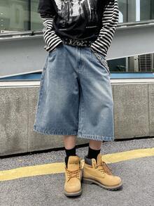 STEELVANCE Quần short jeans ống rộng dáng suông thời trang thường ngày dành cho nam, có túi bên hông, thích hợp cho đi làm hàng ngày và mùa hè. - Màu xanh lam - Xem 4