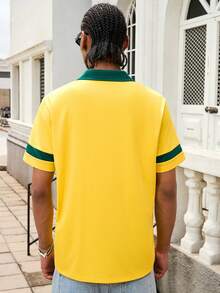 GALLERY FADE Men's Casual Contrast Color Collar Numeric Print Short Sleeve Polo Shirt, Summer - Yellow - View 2