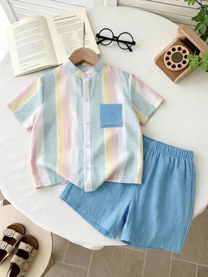 LMoss Kids Bộ 2 món cho bé trai, kiểu dáng thường ngày, thoải mái, thời trang tối giản, đa năng, mềm mại, rộng rãi, kiểu Hàn Quốc, áo sơ mi ngắn tay kẻ sọc màu sắc thoải mái và quần short xanh lá cây, thích hợp mặc hàng ngày, đi học, nghỉ lễ, dự tiệc, mùa xuân/hè.
