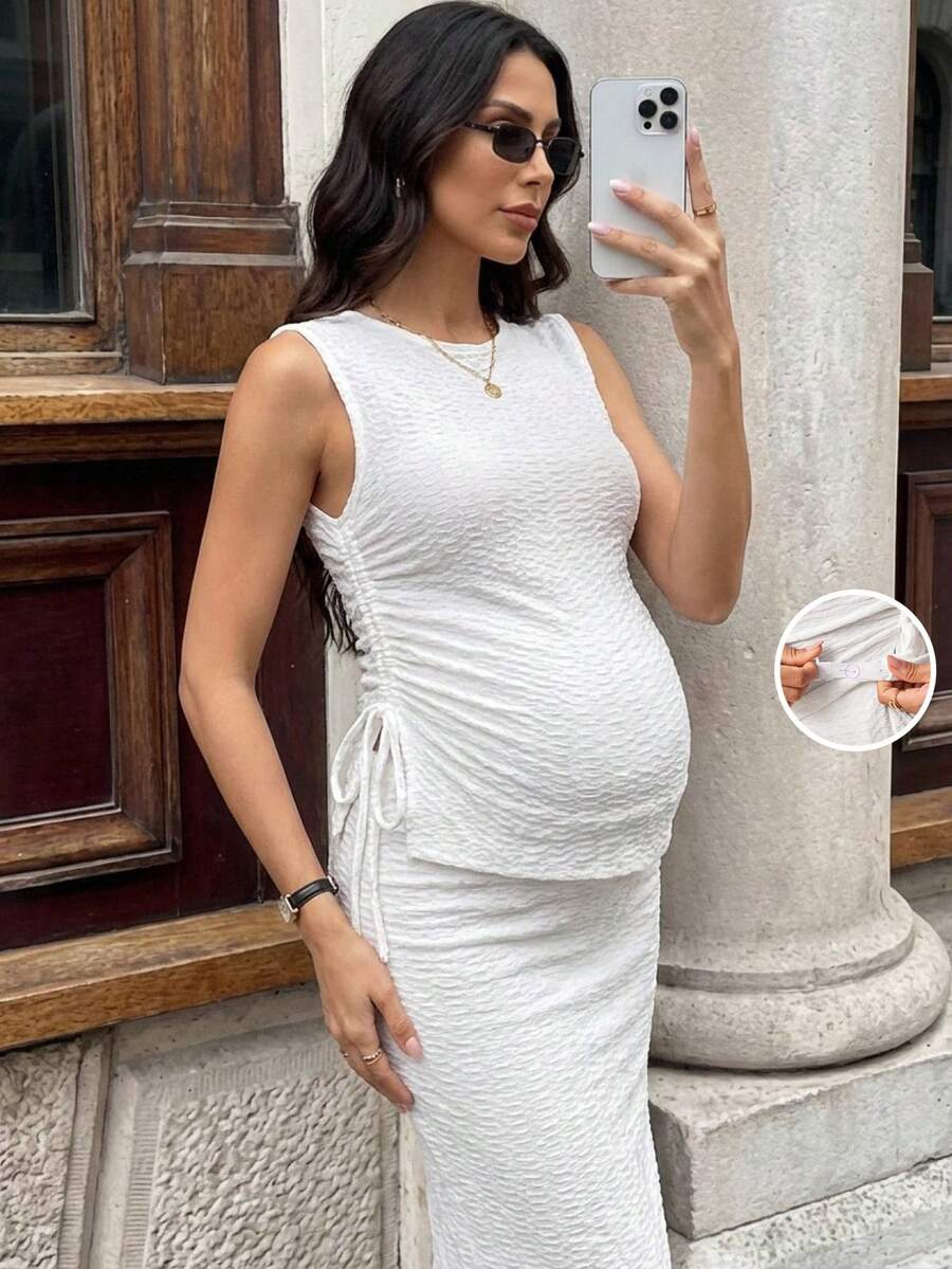 MaterniWear White Ruffled Round Neck Top With Drawstring Ties On Both Sides And An Adjustable Waist Skirt; Gender-Neutral Party & Office Wear; Elegant Summer Maternity Two-Piece Set; White Suit. - White - View 1