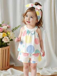 SHEIN Bộ áo ba lỗ cổ yếm in chấm bi mùa hè cho bé gái và quần short cùng màu, trang phục thường ngày dễ thương, phù hợp cho các hoạt động ngoài trời và mặc hàng ngày. - Nhiều màu - Xem 4