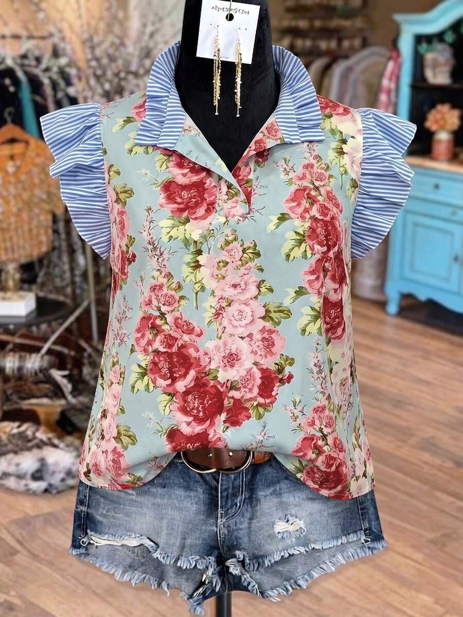 Linhara Plus Size Women's Casual Boho Vacation Comfortable Versatile Light Blue Floral Patchwork Striped Ruffle Collar Cap Sleeve Loose Blouse Summer - Multicolor - View 1