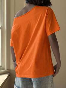 DAZY Teen Girls Minimalist Print Asymmetric Neck T-Shirt Summer - Burnt Orange - View 2