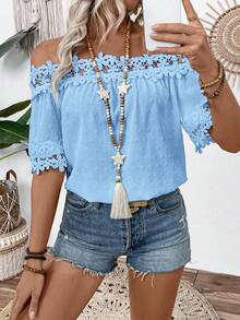 EMERY ROSE Women's Vacation Off-Shoulder Textured Fabric Ruffle Detail Blouse - Blue - View 8