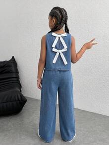 2pcs Tween GirlsNavy Blue Denim Sleeveless Top With Bow Back And Loose Pleated Long Pants Set Jeans Y2K Summer Light Washed Baggy Short Casual Street Denim Long Shorts, Low Rised Denim Short,Comfortable & Chic,Casual & Street Style, Summer,Suitable For Spring And Summer Wear, Elegant And Holiday Wear,Spring Break Summer Beach Vacation Wear, - Blue - View 3