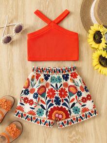 SHEIN Baby Girl Knitted Solid Color Top And Flower Pattern Shorts Set For Summer Vacation - Orange - View 2