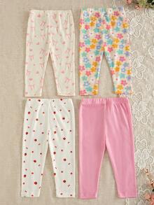 4pcs Baby Girls' Casual Everyday All-Match Rainbow, Floral & Striped Print Bottoms, Spring/Summer - Multicolor - View 2