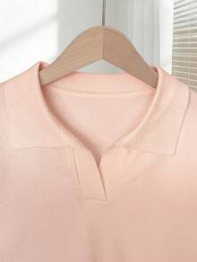 Franclia Women's Spring/Summer White Simple Casual Turndown Collar Raglan Short Sleeve Solid Color Fitted Knit Top, Plus Size - Pink - View 3