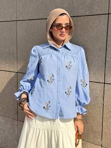 Mulvari Áo thun dài tay dáng rộng phong cách Hàn Quốc, chất liệu nhăn, thêu họa tiết, mang hơi hướng nghỉ dưỡng, hàng mới về. - Màu xanh lam - Xem 1