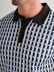 Manfinity Homme 针织短袖提花 Polo 衫，休闲时尚 Polo 衫，撞色领高尔夫球衫，男士纽扣针织 Polo 衫，男士翻领 Polo 衫 - 彩色 - 查看 5